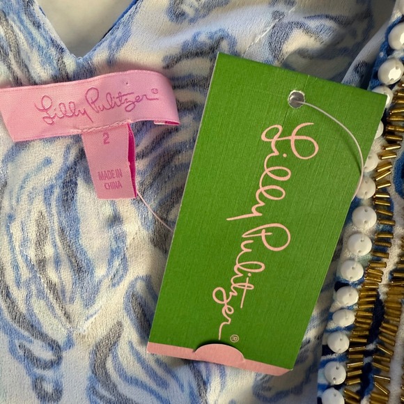 Lilly Pulitzer Resort White Kailen Top Drop In Blue Shells Embellished Tie Waist - Picture 10 of 13